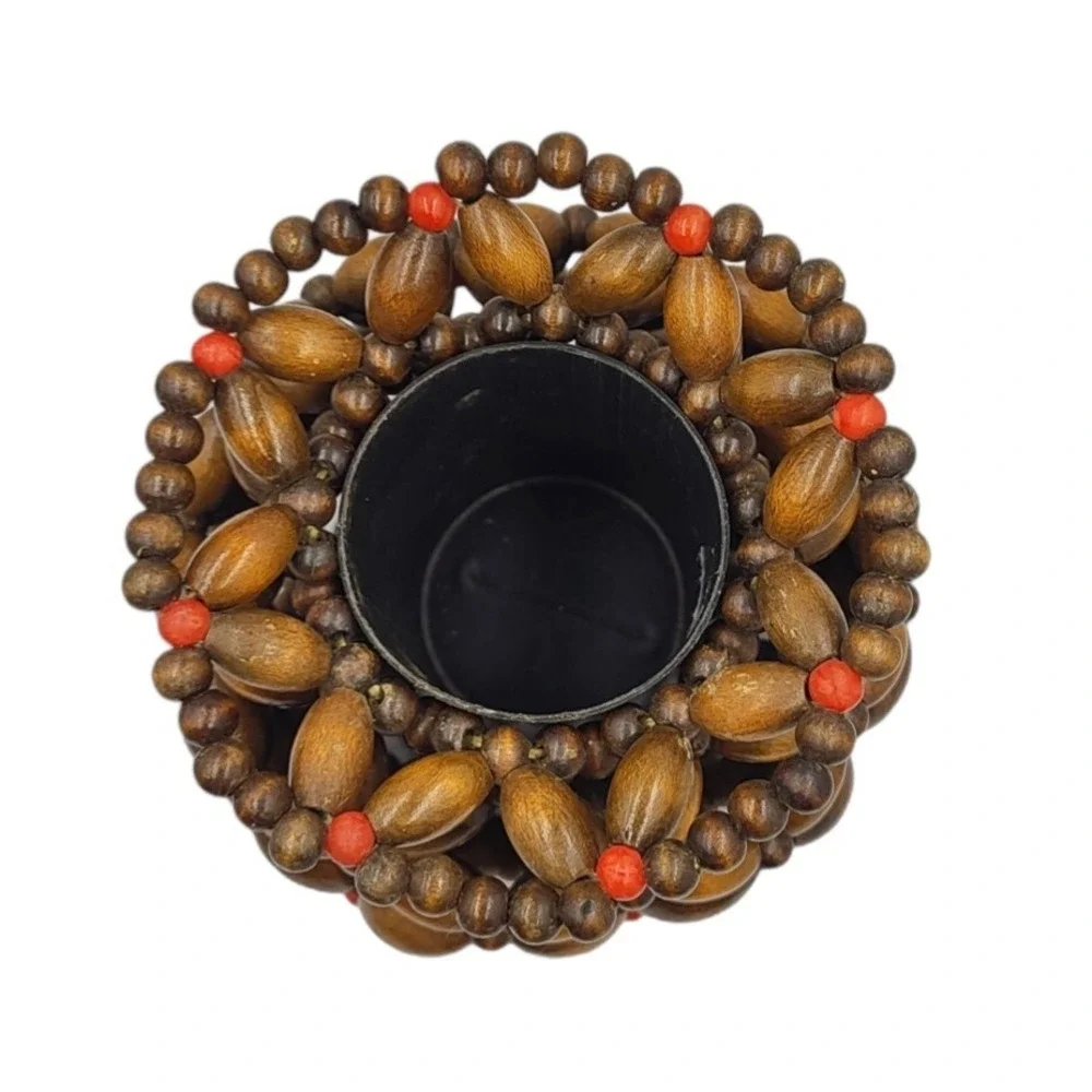 Wood Bead Flower Planter Vase w/ Insert Vintage 70s Mid Century‎ Modern Boho